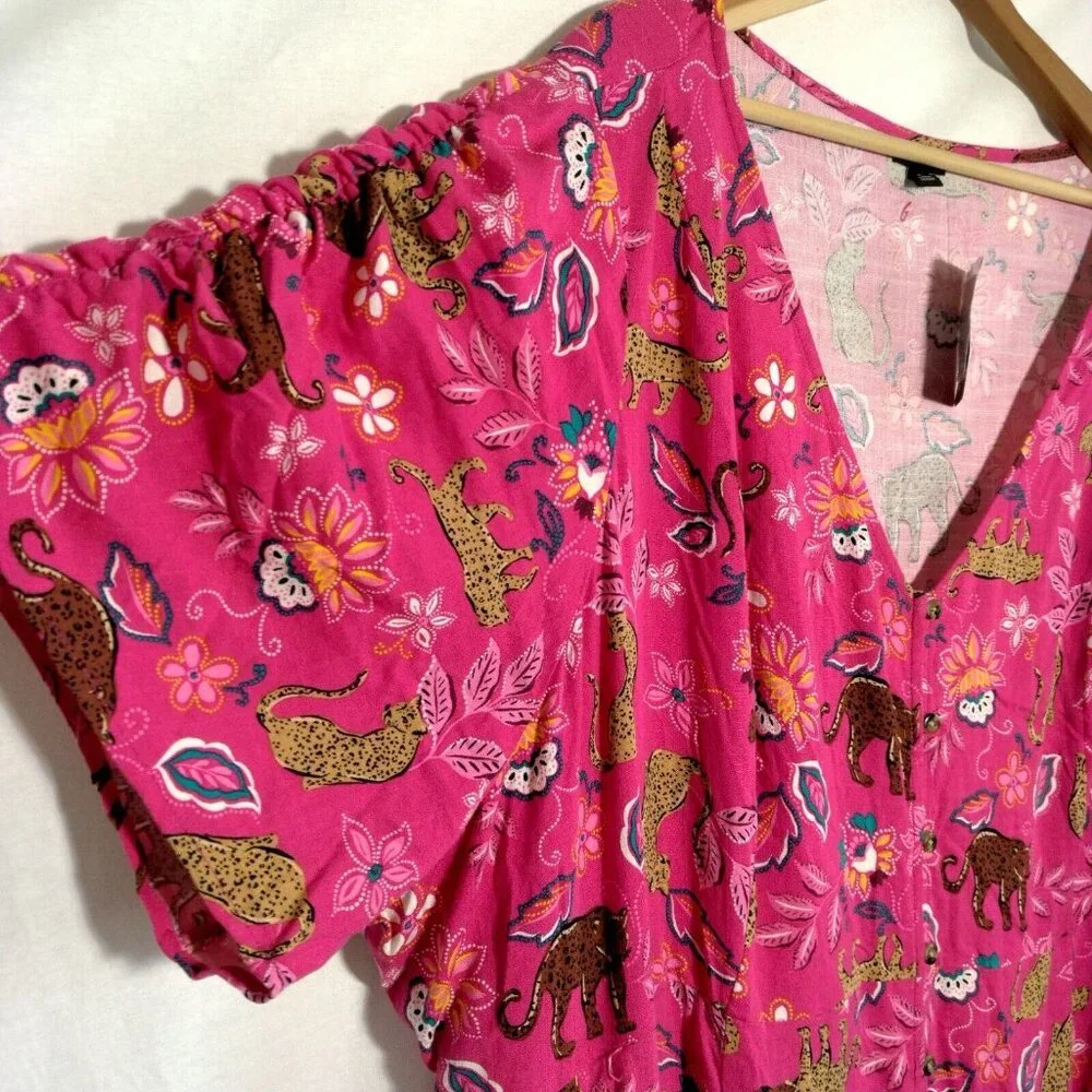 Torrid Size 5 Plus Size Pink Leopard Dress Midi Rouched Short Sleeve Belted Cat - Picture 8 of 16